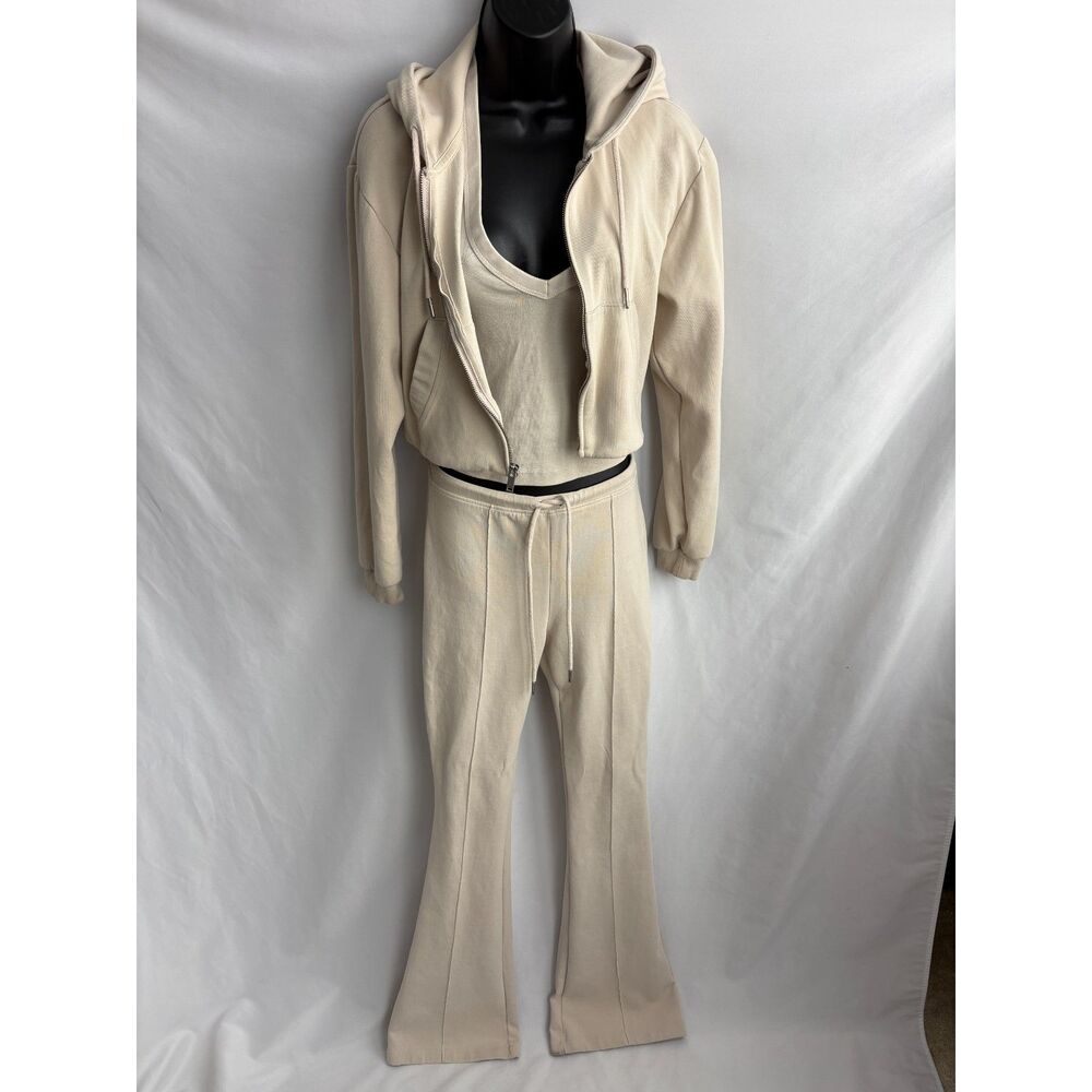 ZARA Cream Stone 3 Piece Set Cropped Hoodie Tank and Bootcut Pants Mid Rise sz M